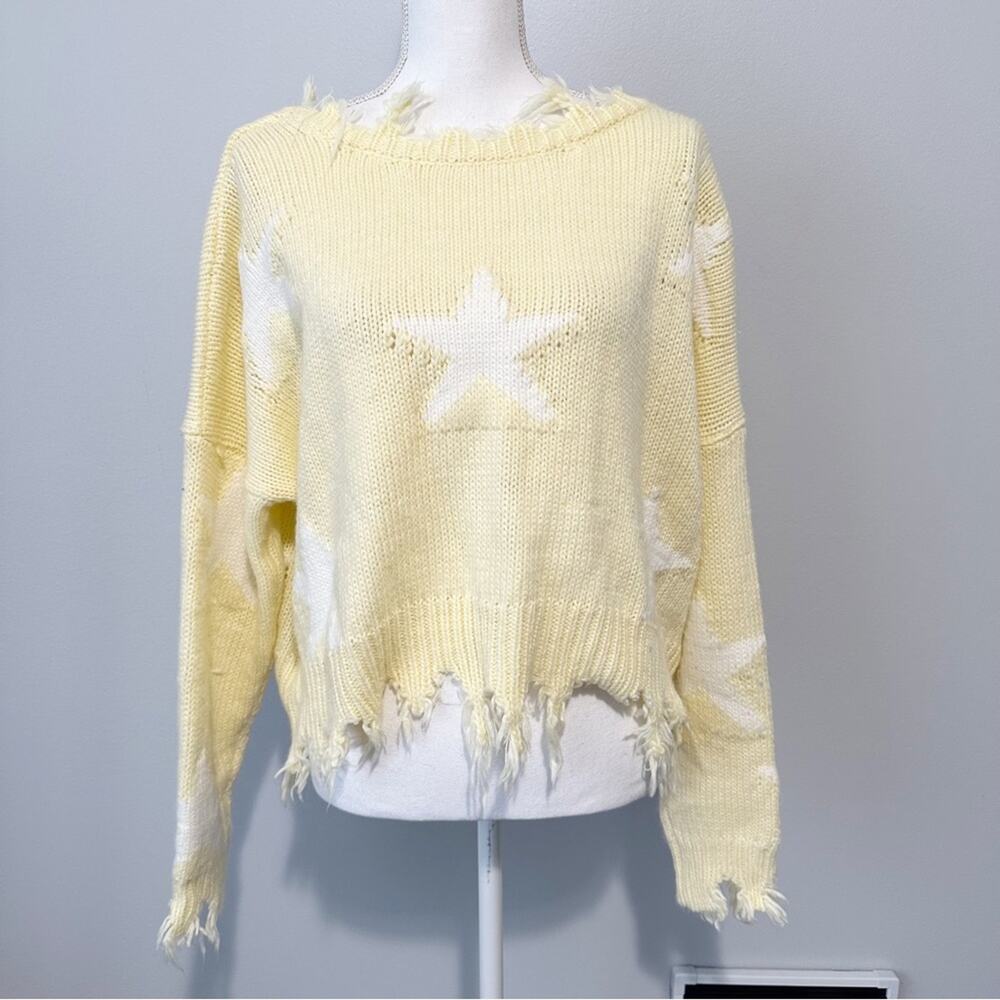 Storia yellow star frayed sweater distressed oversized low back knit size small